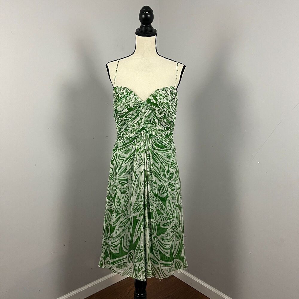 Tadashi Collection 100% Silk Green/White Floral Cocktail Dress Women's 10 - Picture 2 of 9